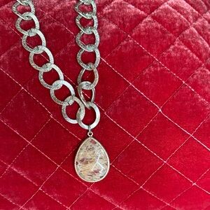Silver Chain Necklace with Teardrop Beige and clear tan  Stone Pendant